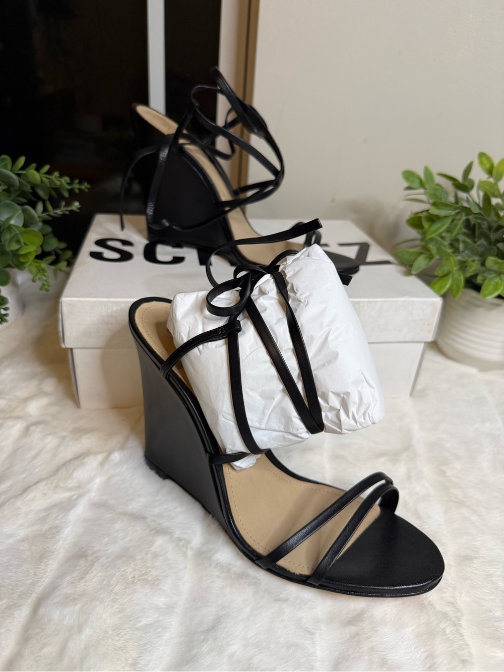 NWT - SCHUTZ Black Strappy Ankle-Tie Wedge Sandals - Size 9.5 - Picture 8 of 9